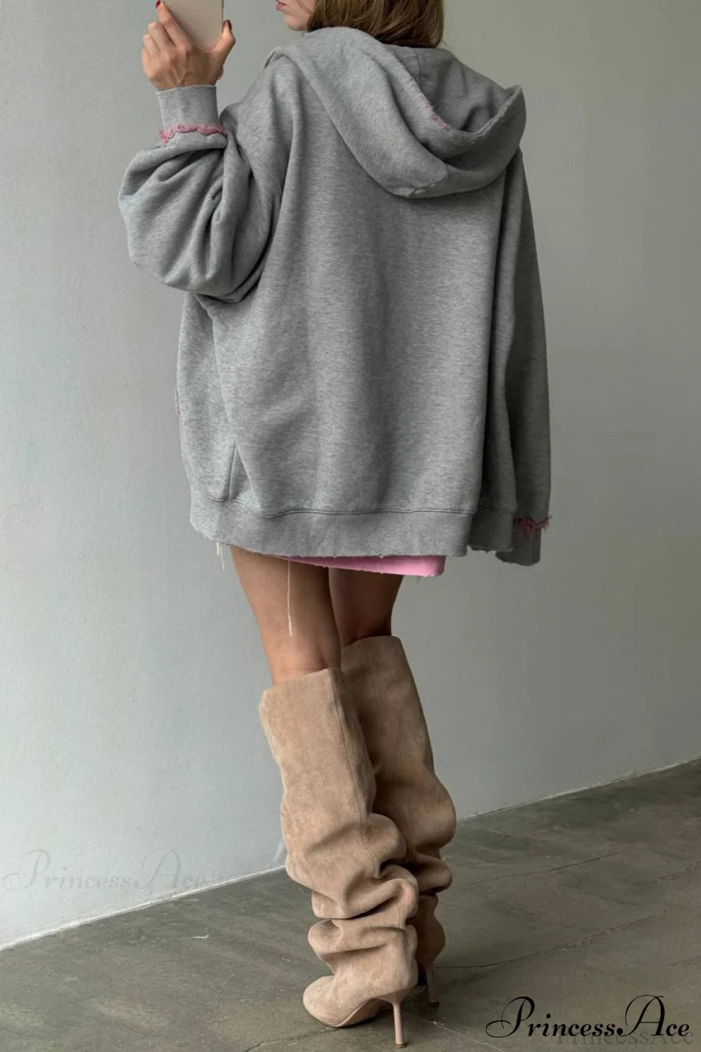 Pink Distressed Zip Loose Hoodie