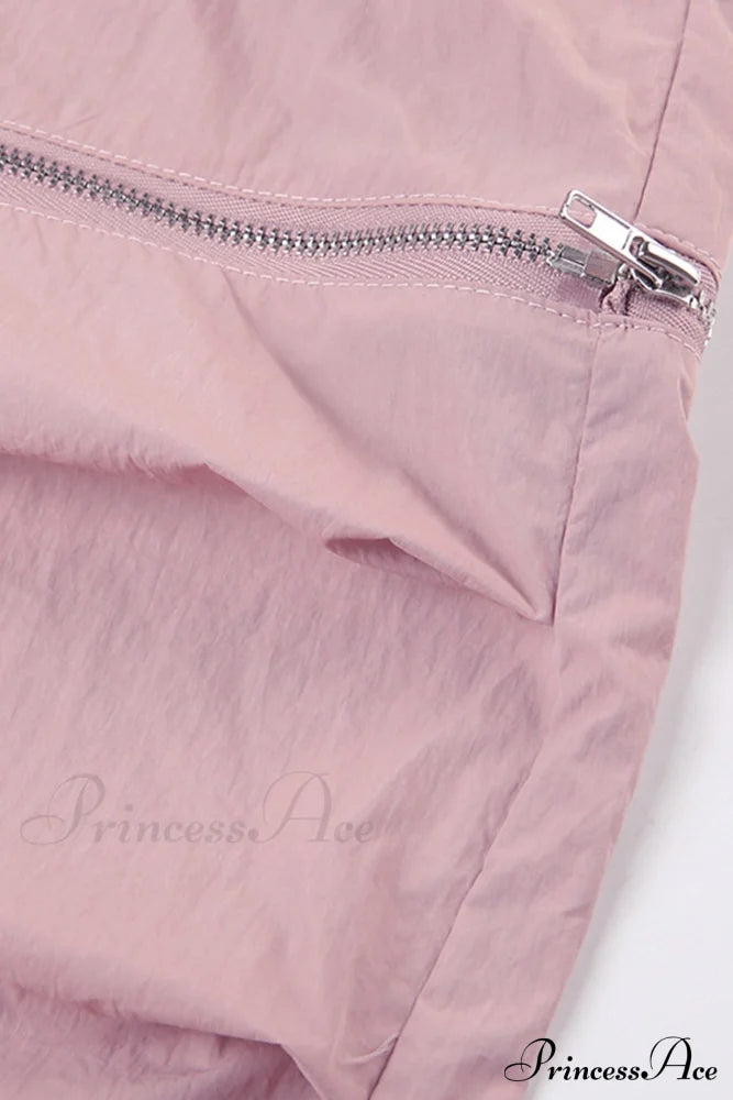 Pink Drawstring Zipper Cargo Pants
