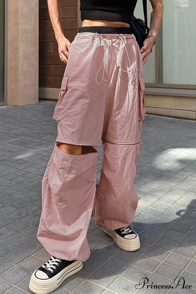 Pink Drawstring Zipper Cargo Pants / L