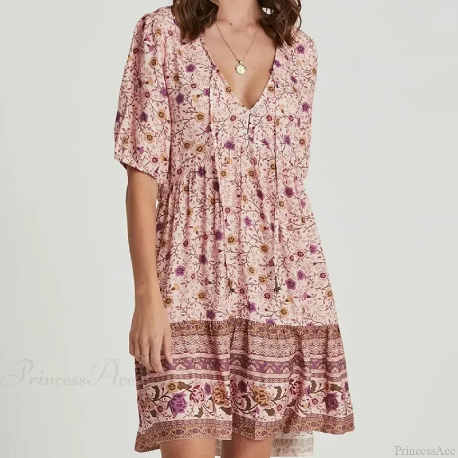 Pink Floral Print Robe A-line Mini Dress Women Beach Boho Summer Dress Pink / S bohodress-250126