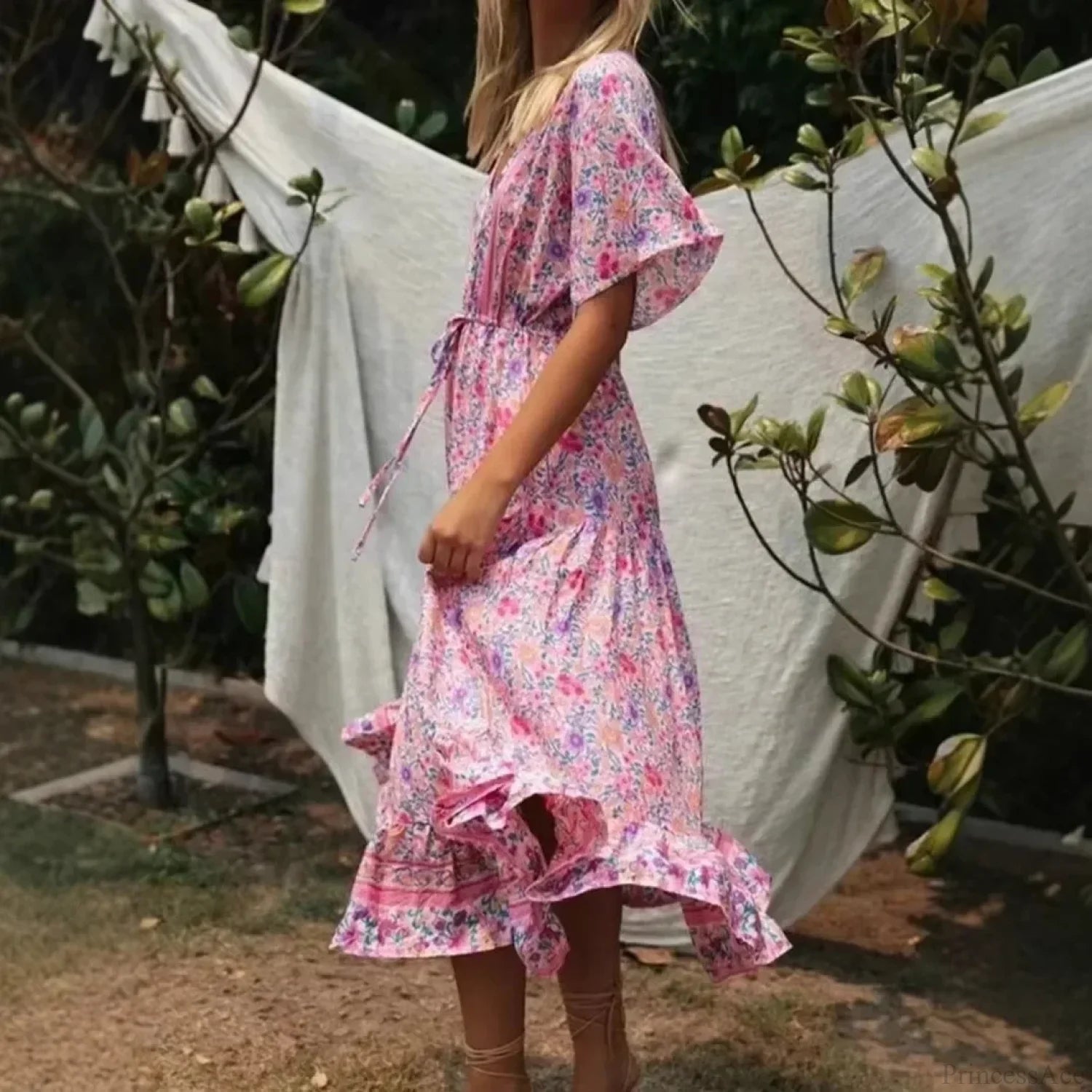 Pink Floral Print V-neck Tassel Rayon Vacation Maxi Boho Dress bohodress-250126
