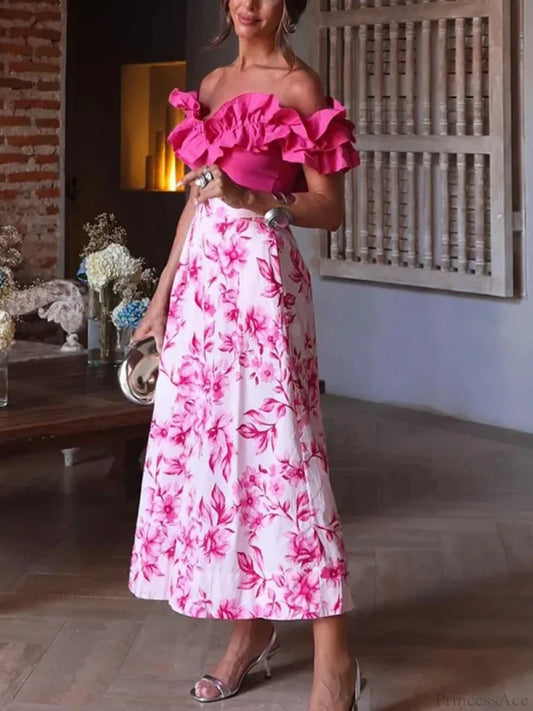 Pink Floral Printed Casual Pleated Skirt High Waist Zip purple / S skirt-250126