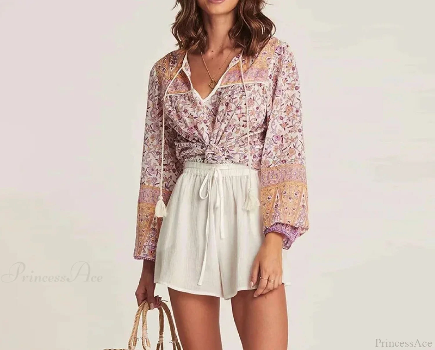 Pink Floral Printed Loose Long Sleeve Boho Blouse bohoblouse-250126