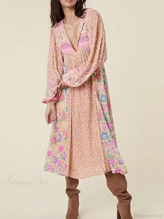 Pink Floral Square Collar Short Sleeve Boho Dress Pink / S bohodress-250126