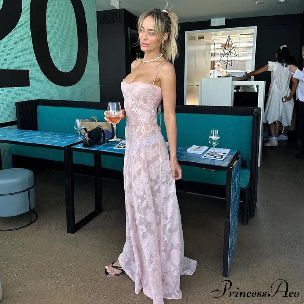 Pink Floral Stylish Lace Maxi Dress