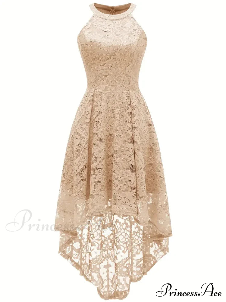 Pink Lace High Low Dipped Hem Party Dress With Halter S / Gray Lace Pink High Low Dress