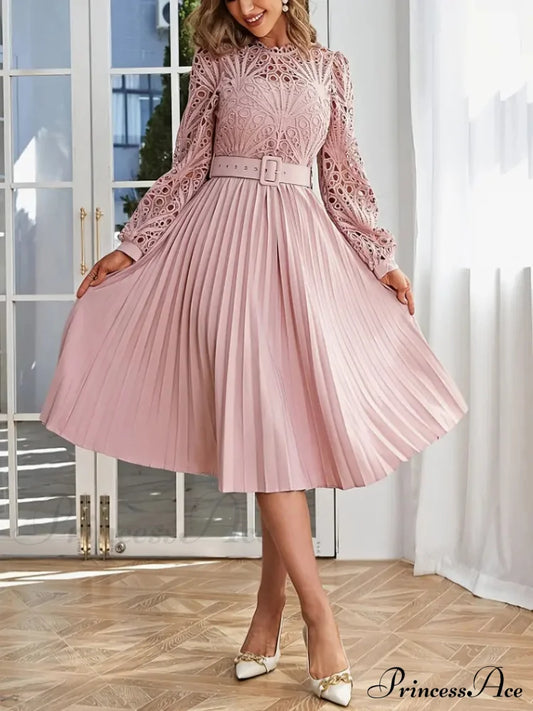 Pink Lace Pleated Party Dress With Belt S / Pink Long Sleeve Party Dress