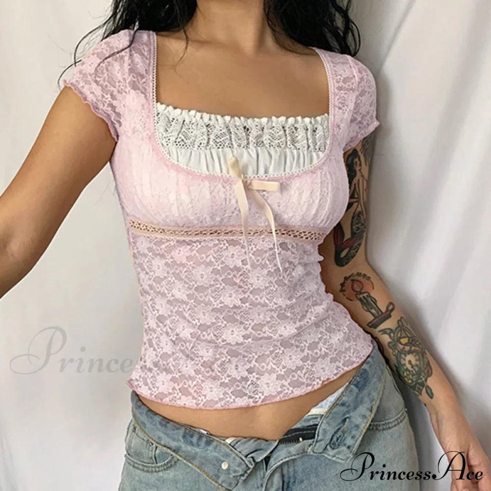 Pink Lace Stylish Short Sleeve Top Top