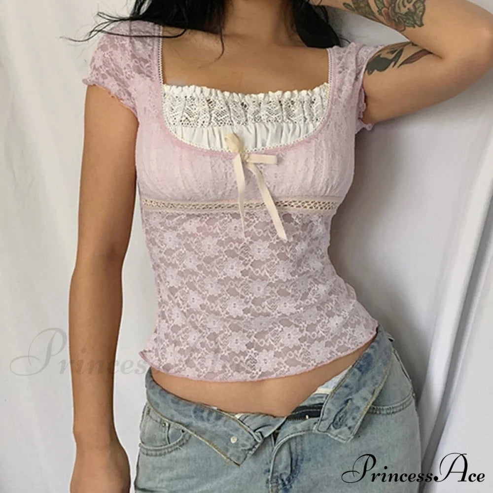 Pink Lace Stylish Short Sleeve Top Top