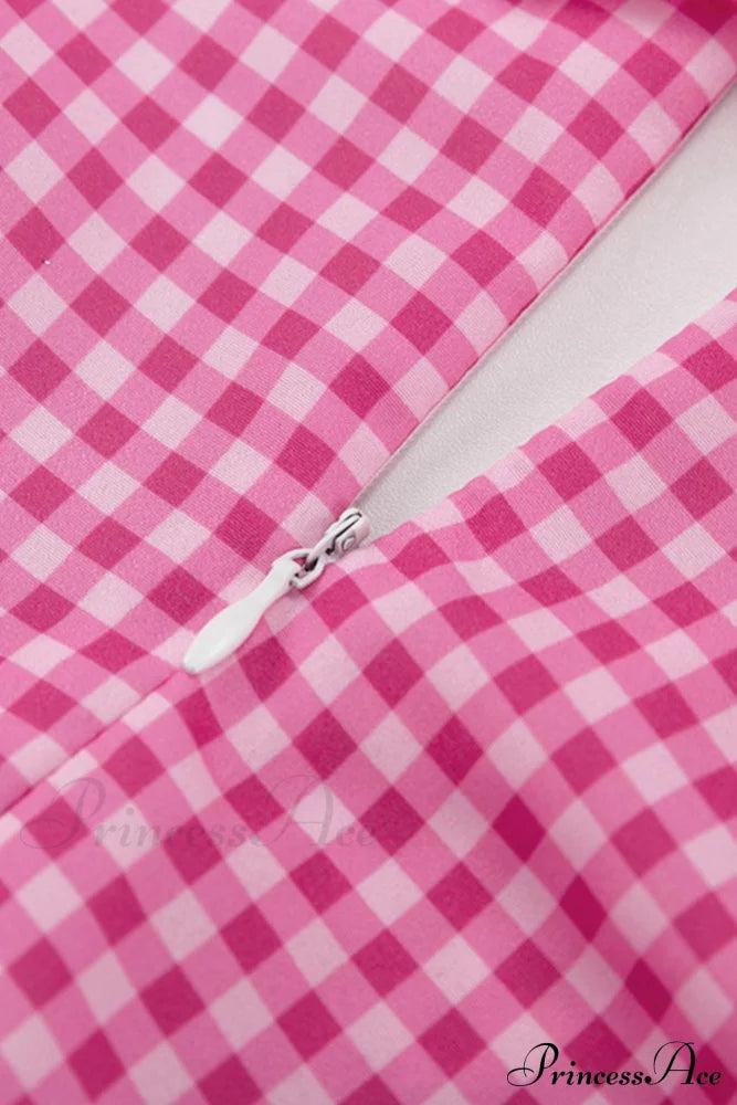 Pink Plaid A-Line Babydoll Dress With Lapel Mini Dresses