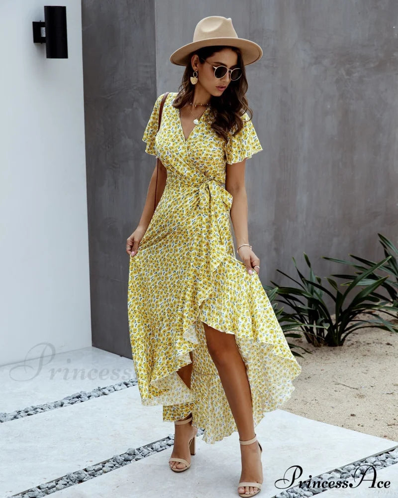 Pink Polka Dot V-Neck Ruffle Short-Sleeved Beach Vacation Summer Dress Dresses