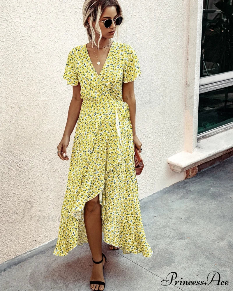 Pink Polka Dot V-Neck Ruffle Short-Sleeved Beach Vacation Summer Dress Dresses