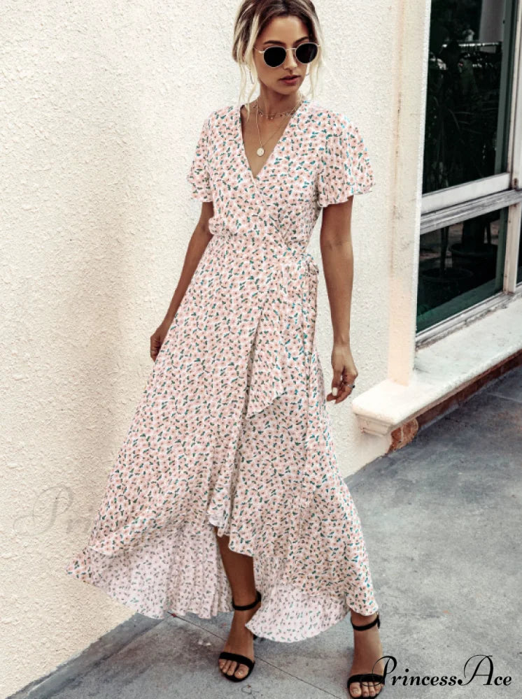 Pink Polka Dot V-Neck Ruffle Short-Sleeved Beach Vacation Summer Dress L / Pink Dresses