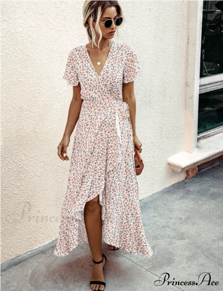 Pink Polka Dot V-Neck Ruffle Short-Sleeved Beach Vacation Summer Dress M / Pink Dresses
