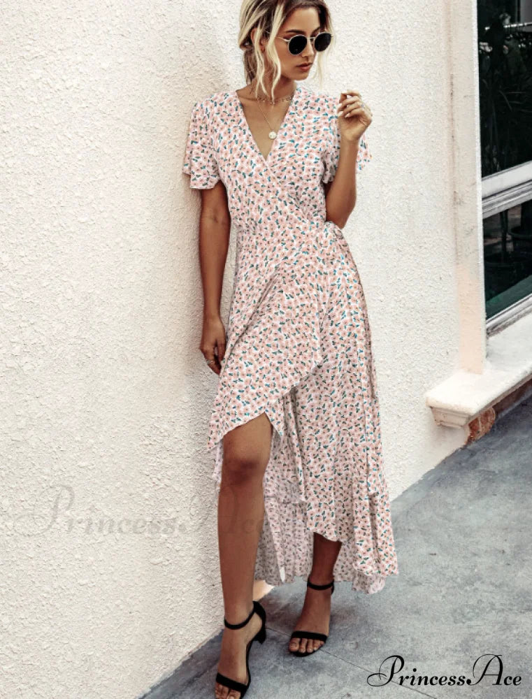 Pink Polka Dot V-Neck Ruffle Short-Sleeved Beach Vacation Summer Dress M / Orange Dresses