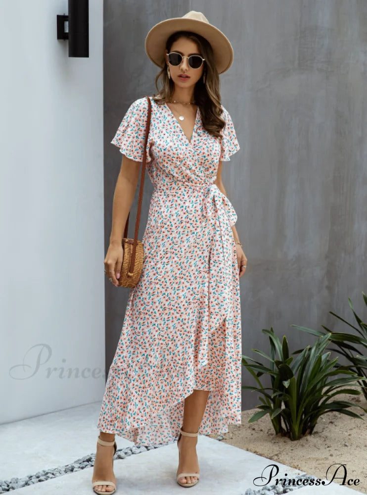 Pink Polka Dot V-Neck Ruffle Short-Sleeved Beach Vacation Summer Dress S / Pink Dresses