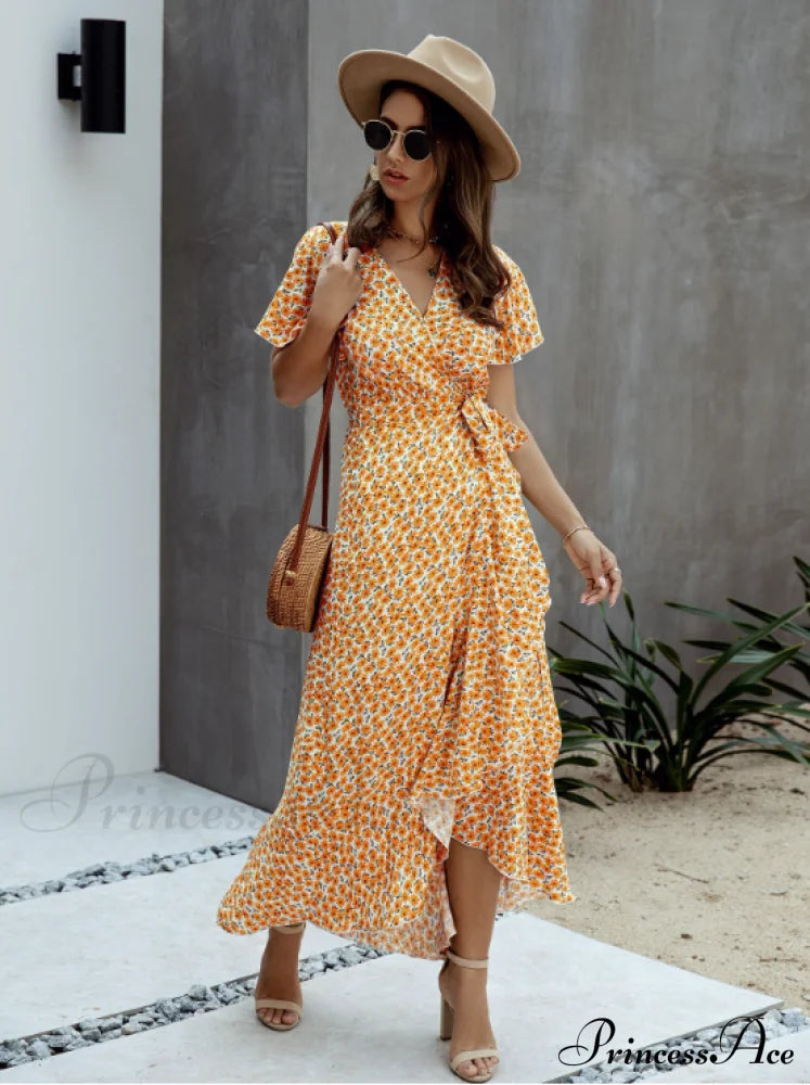 Pink Polka Dot V-Neck Ruffle Short-Sleeved Beach Vacation Summer Dress Xl / Pink Dresses