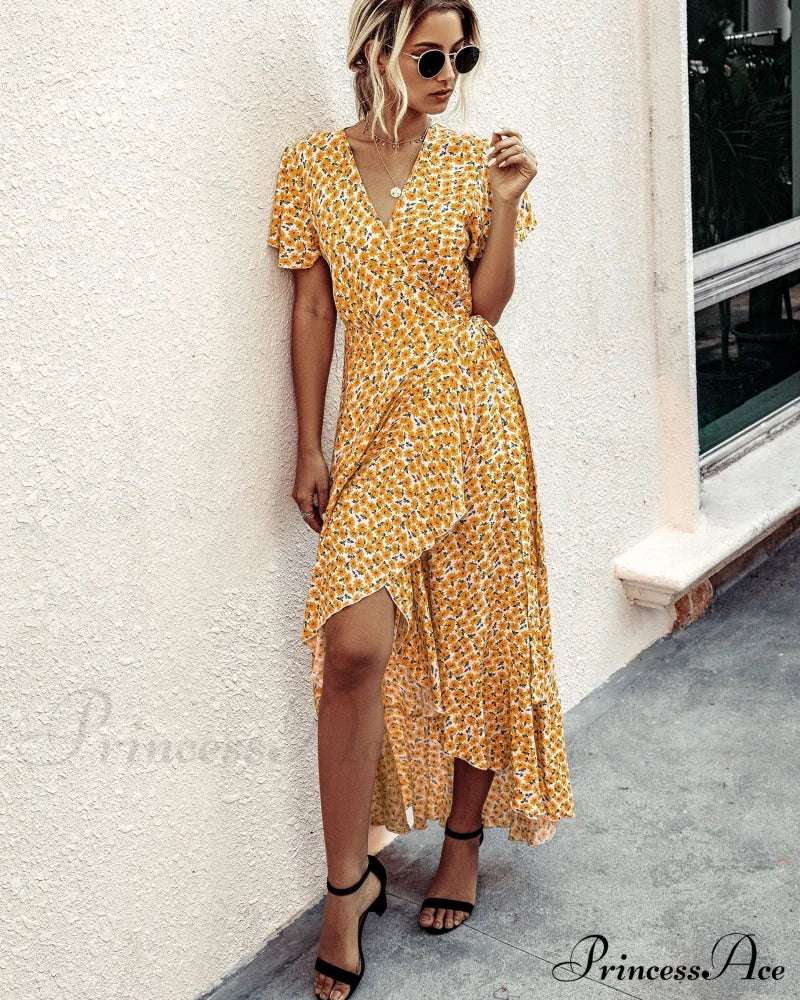 Pink Polka Dot V-Neck Ruffle Short-Sleeved Beach Vacation Summer Dress Xl / Orange Dresses