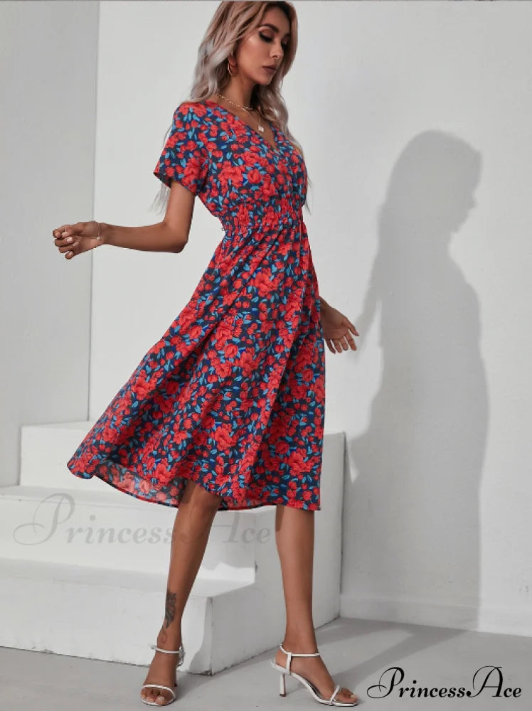 Pink Retro Casual V-Neck Short-Sleeved A-Line Beach Dress L / Burgundy Dresses