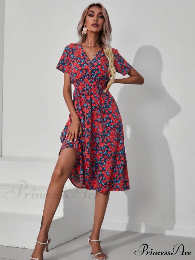 Pink Retro Casual V-Neck Short-Sleeved A-Line Beach Dress L / Pink Dresses