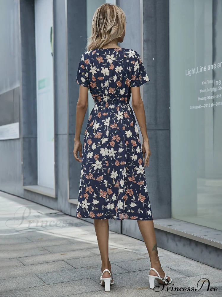 Pink Retro Casual V-Neck Short-Sleeved A-Line Beach Dress M / Blue Dresses