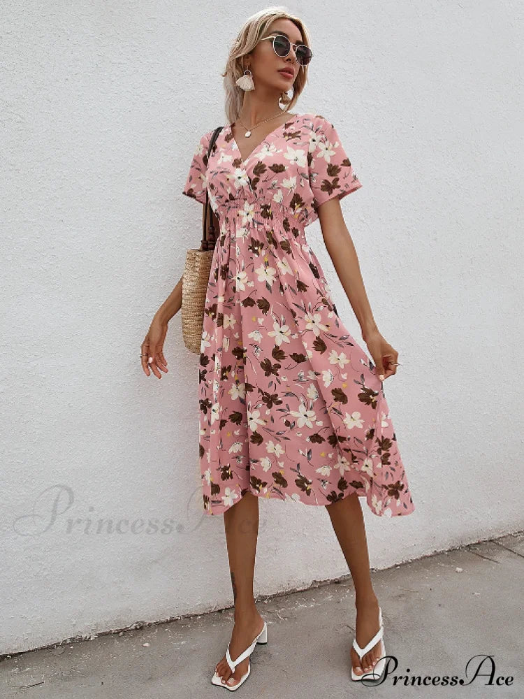 Pink Retro Casual V-Neck Short-Sleeved A-Line Beach Dress M / Burgundy Dresses