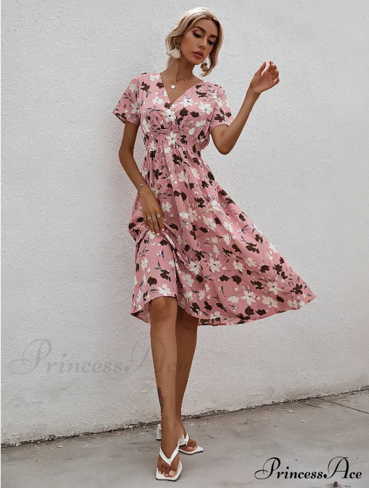 Pink Retro Casual V-Neck Short-Sleeved A-Line Beach Dress M / Pink Dresses