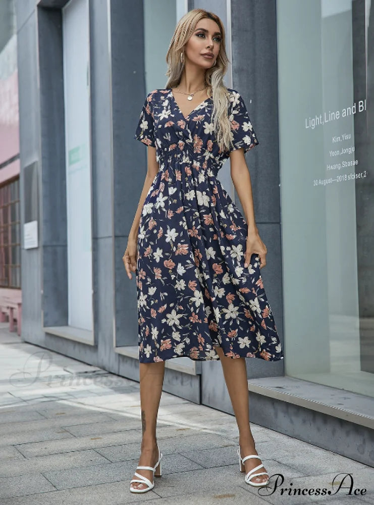 Pink Retro Casual V-Neck Short-Sleeved A-Line Beach Dress S / Blue Dresses