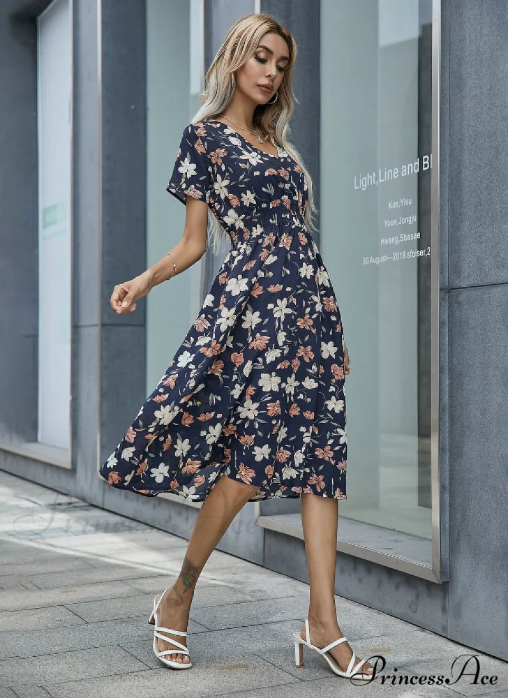 Pink Retro Casual V-Neck Short-Sleeved A-Line Beach Dress S / Pink Dresses