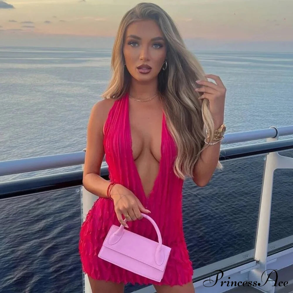 Pink Ruffles Deep Charming V-Neck Mini Dress