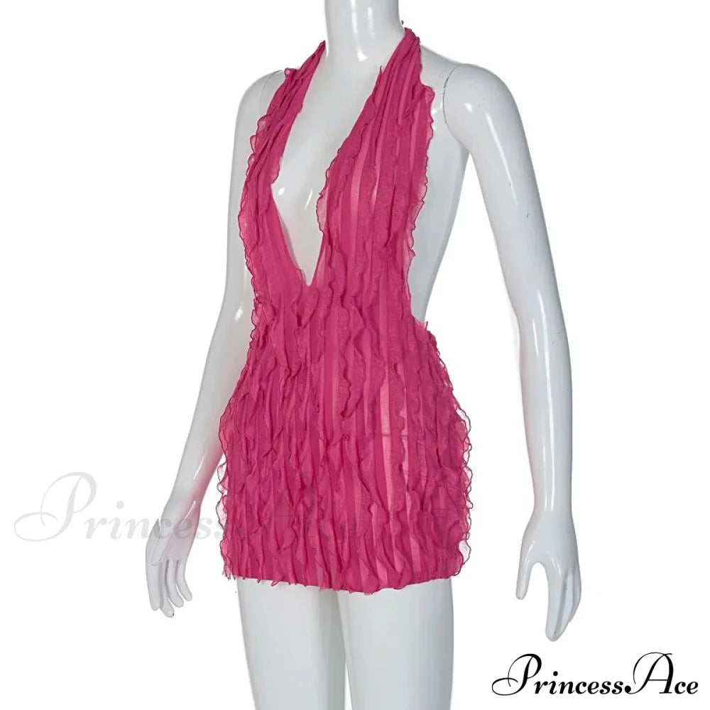 Pink Ruffles Deep Charming V-Neck Mini Dress