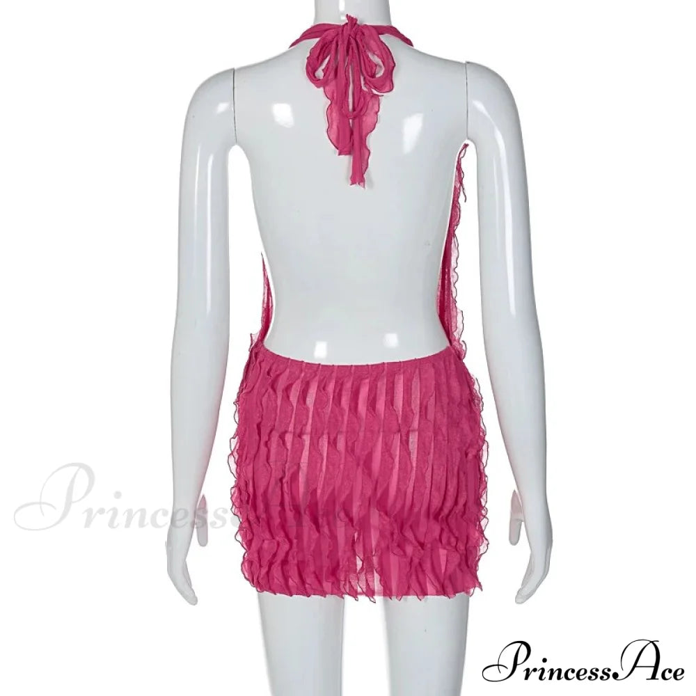Pink Ruffles Deep Charming V-Neck Mini Dress