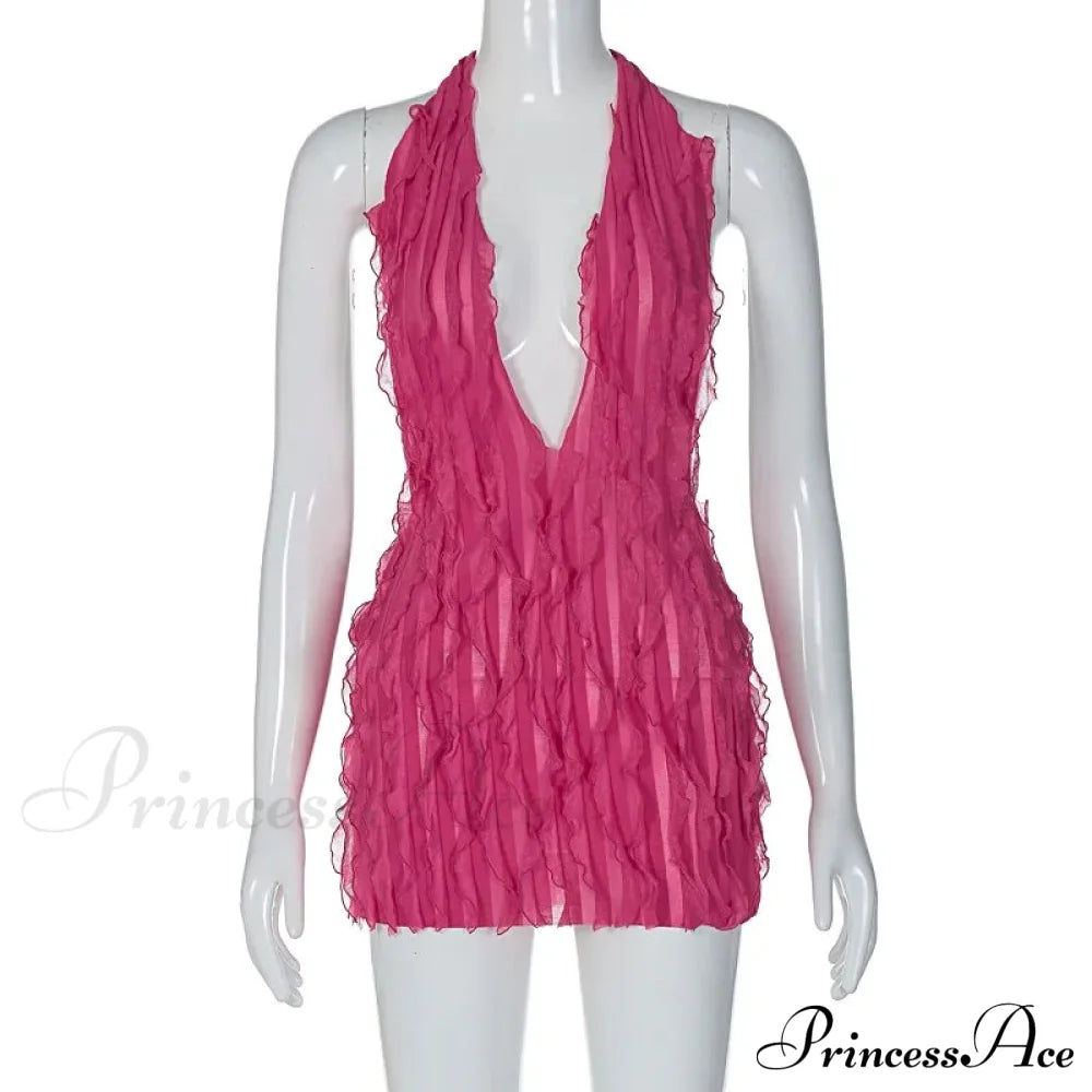 Pink Ruffles Deep Charming V-Neck Mini Dress