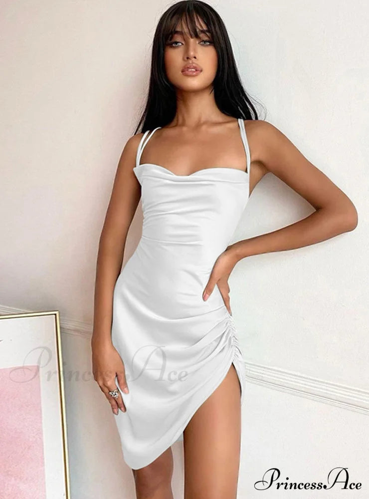 Pink Satin Bodycon Sling Slit Dress For Women S / Red Dresses