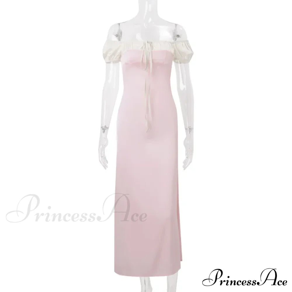 Pink Satin Ruched Charming Contrast Sleeve Dress