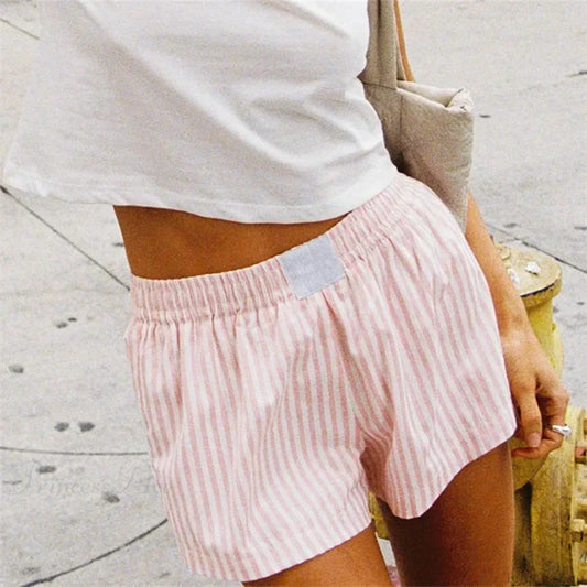 Pink Striped Elastic Waist Short Pink / S short-250223