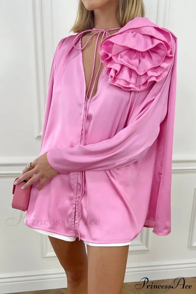 Pink V Neck Floral Lace-Up Blouse With Ruched Detail / M Blouses
