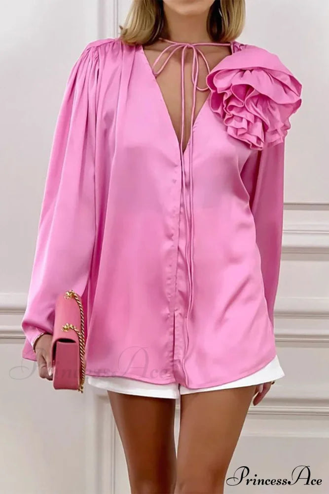 Pink V Neck Floral Lace-Up Blouse With Ruched Detail / S Blouses