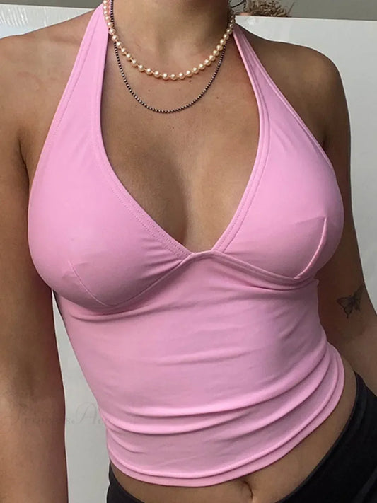 Pink V-Neck Halter Backless Skinny Corset Camisole Tank Top croptop-250126
