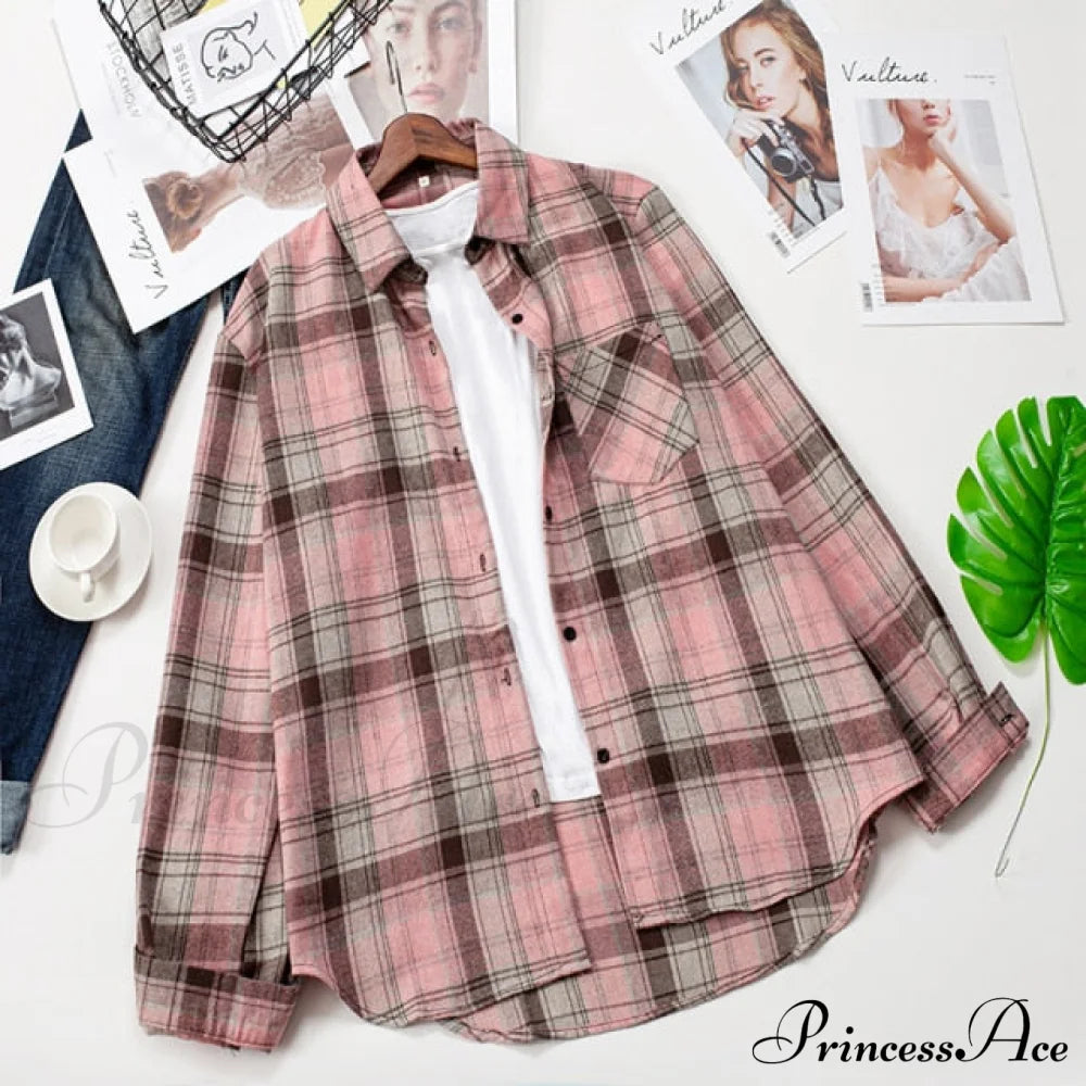 Plaid Blouse - Cotton One Long Oversized And Casual With Women’s Sleeves Fit Pocket M / 2