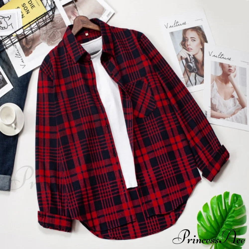 Plaid Blouse - Cotton One Long Oversized And Casual With Women’s Sleeves Fit Pocket Xl / 13