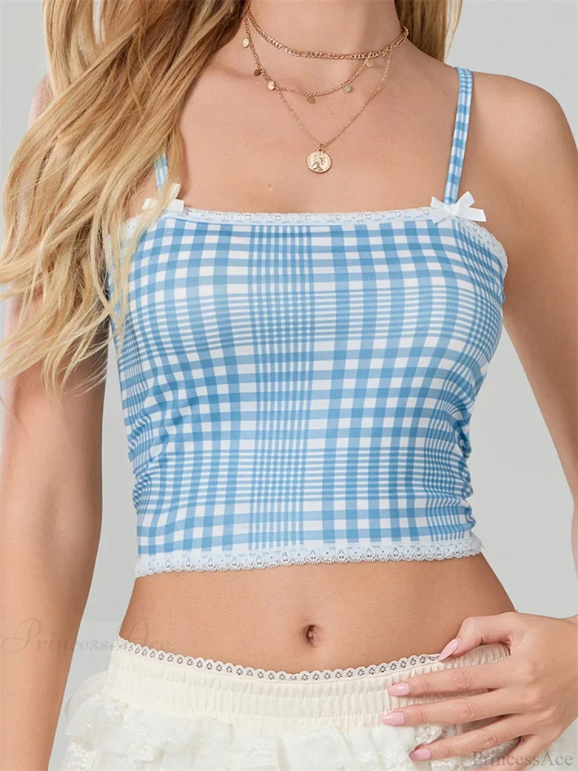 Plaid Bow Lace Trim Square Neck Crop Top BLUE / S croptop-250126