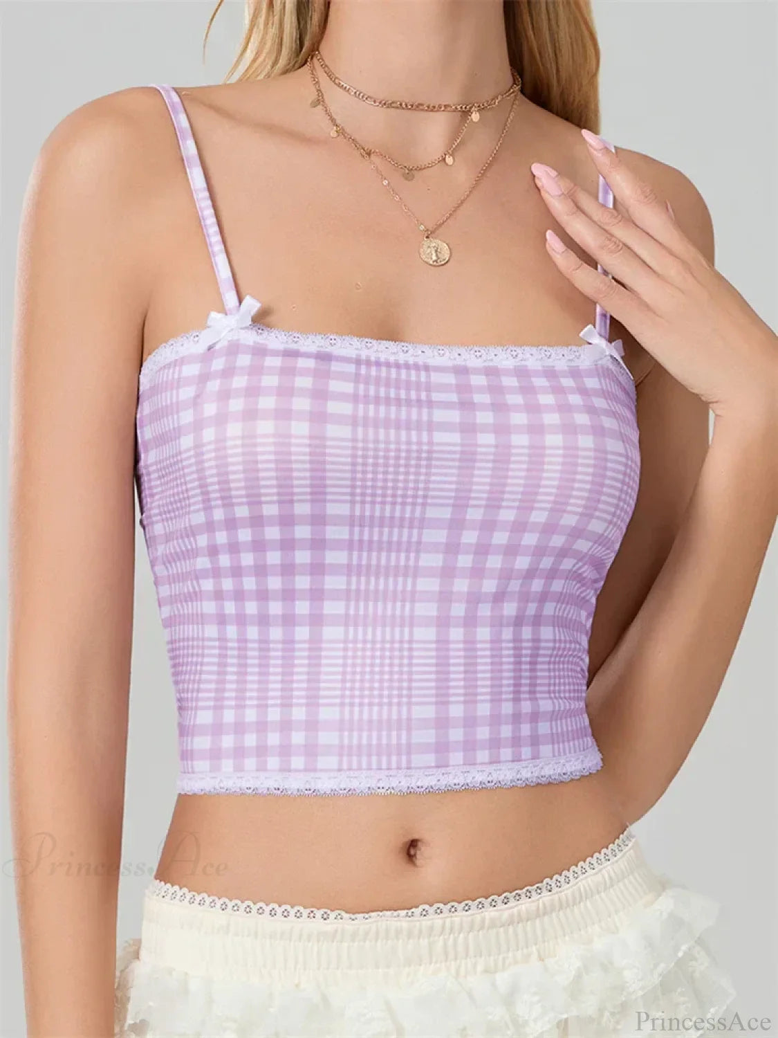 Plaid Bow Lace Trim Square Neck Crop Top croptop-250126