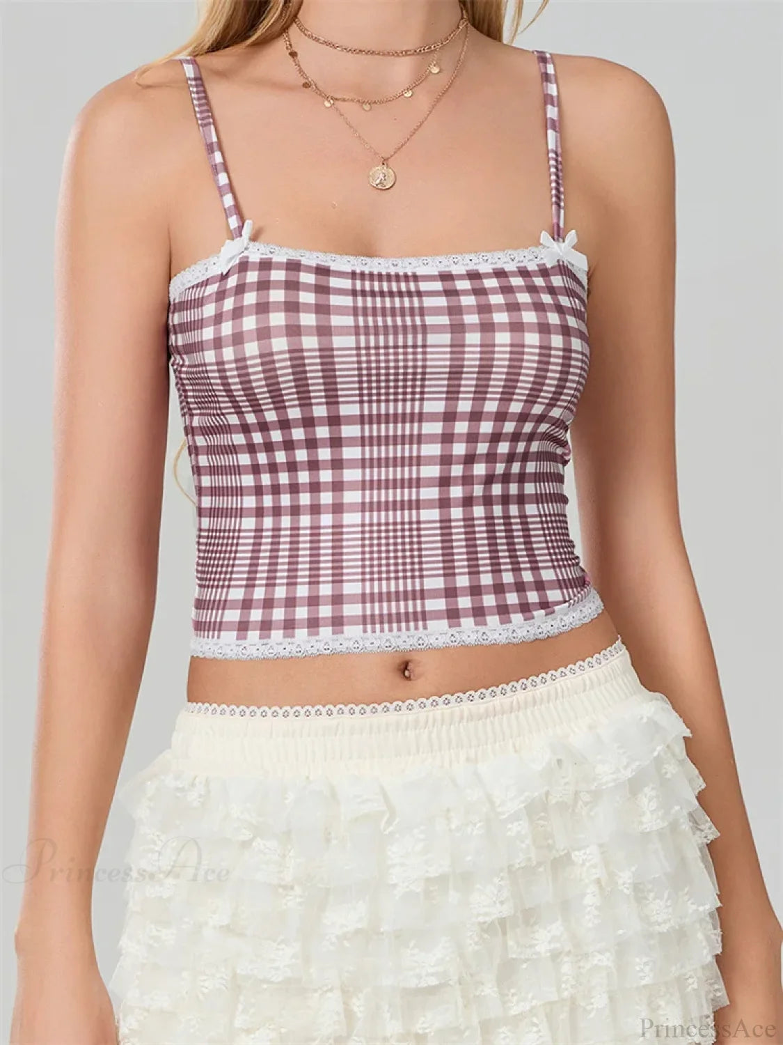 Plaid Bow Lace Trim Square Neck Crop Top RED / S croptop-250126
