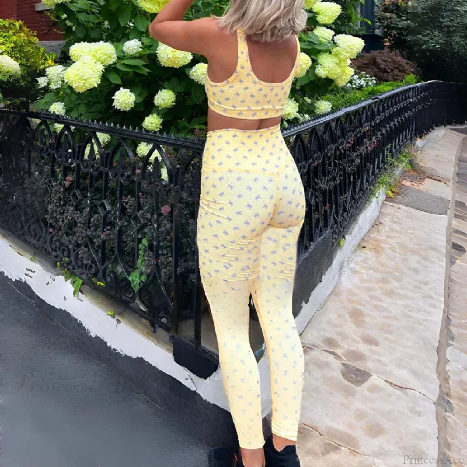 Plaid Bow Print Crop Tank High Waist Slim Leggings Two Pieces Set twopiecesset-250126