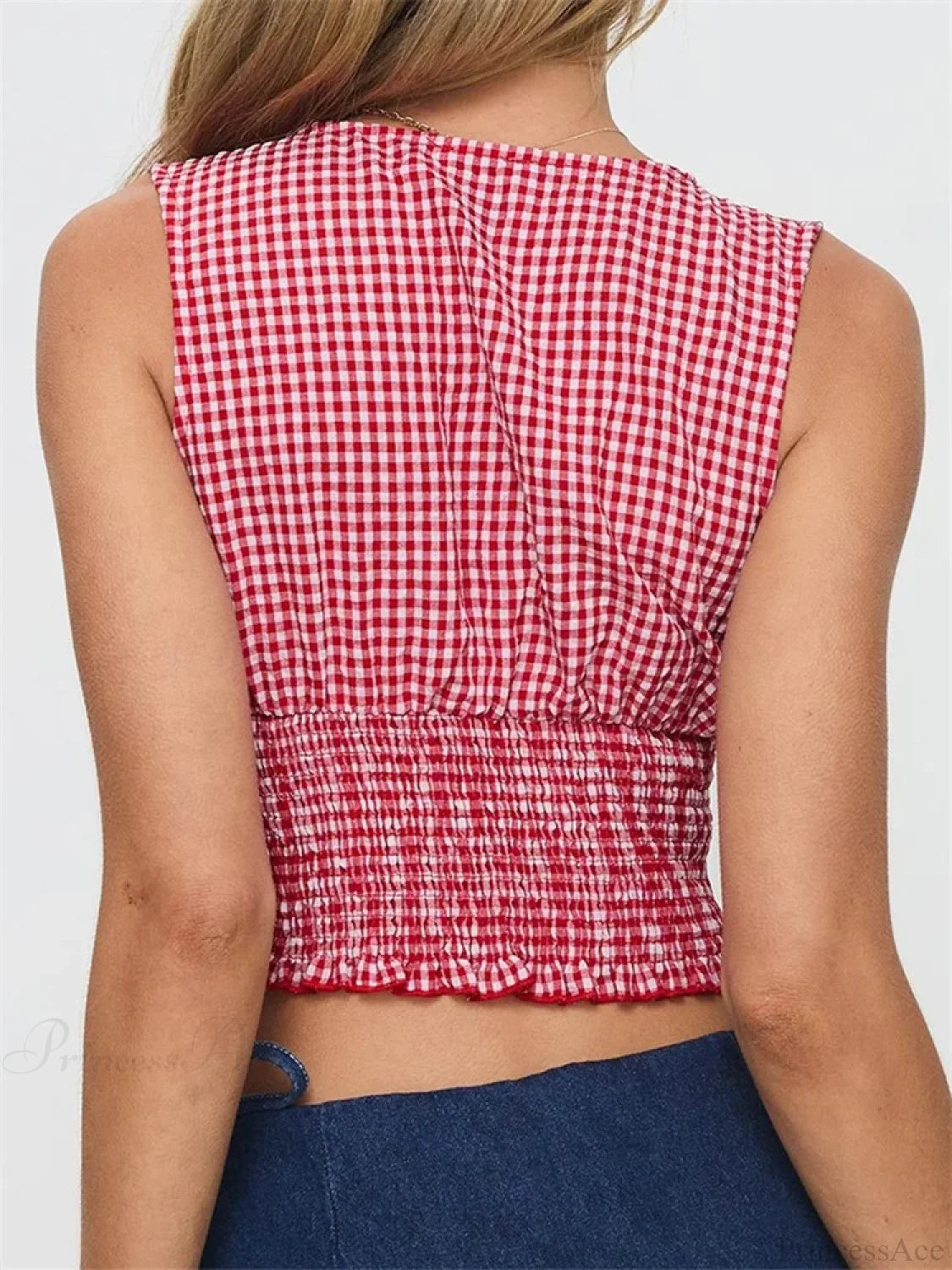 Plaid Bow Ruffle Hem Deep V-neck Crop Top croptop-250126
