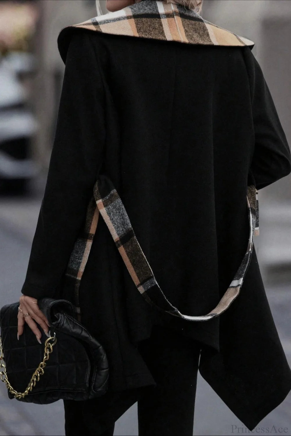 Plaid Color Block Tie Waist Wool Blend Coat