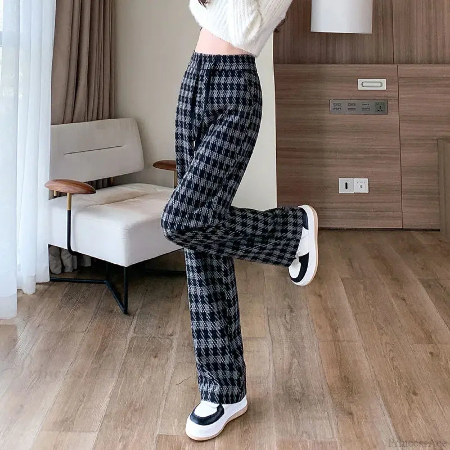 Plaid Drawstring Casual Wide Leg Pants Blue / S