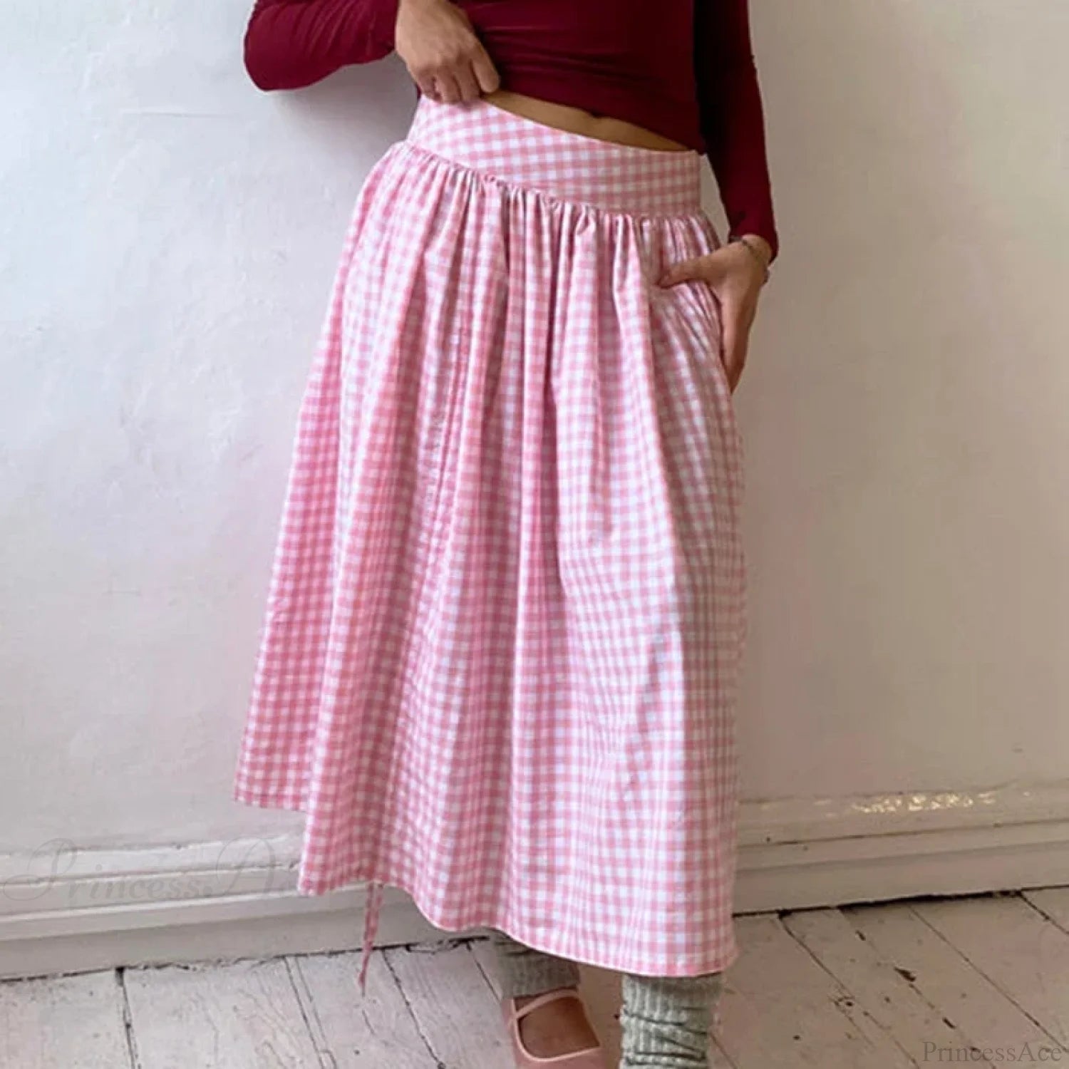 Plaid Drawstring Maxi Skirt Pink / S skirts-250223