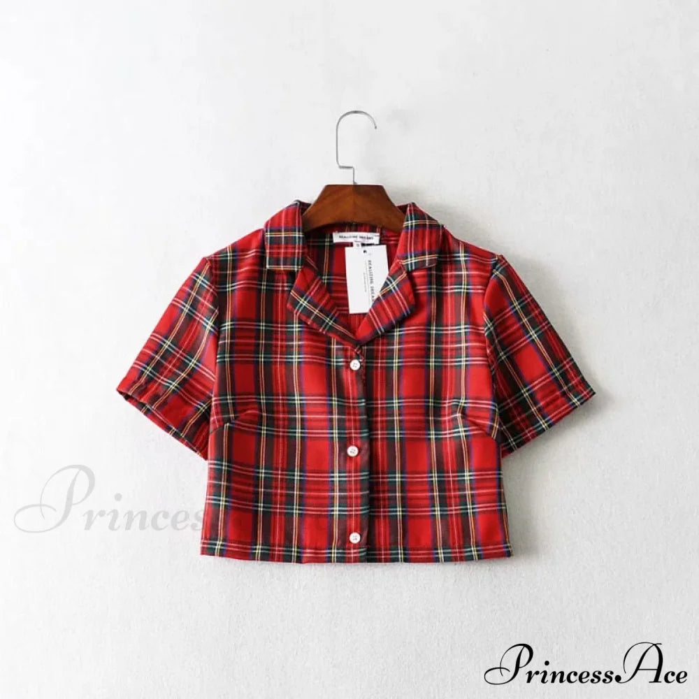 Plaid Elegant Warm-Season Blouse - Top Streetwear Women’s Crop Up Vintage Korean Button Red